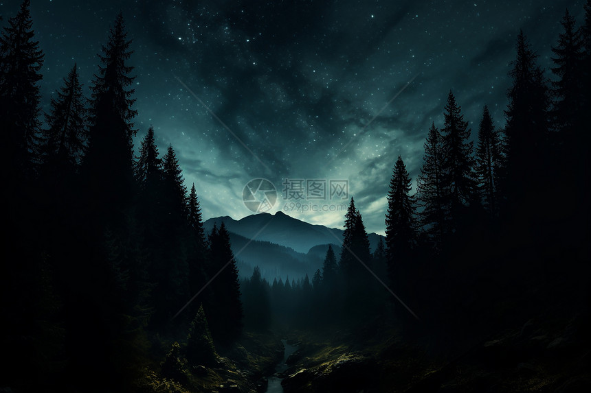 夜晚星空下的山脉图片