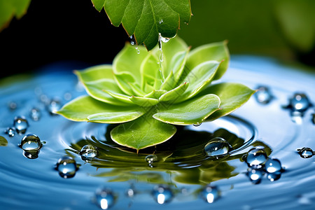 水面上的绿色植物和水滴背景图片