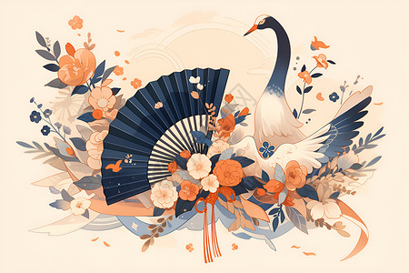 中国风扇子花朵鸟和扇子插画
