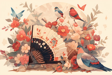 中国风扇子花朵精致绘制的中国扇子插画