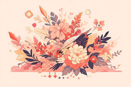 中国风扇子花朵花鸟风景图插画