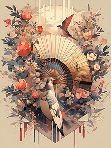 中国风扇子花朵花鸟风扇子插画