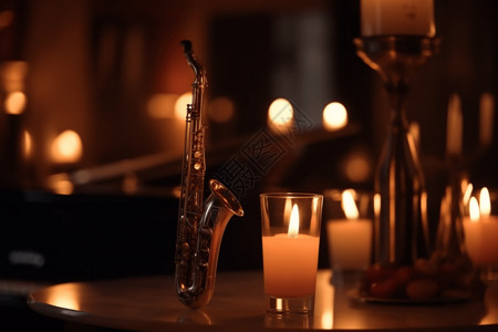 音乐餐厅桌子上的乐器和蜡烛背景