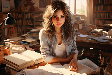 书房内学习的女子背景图片