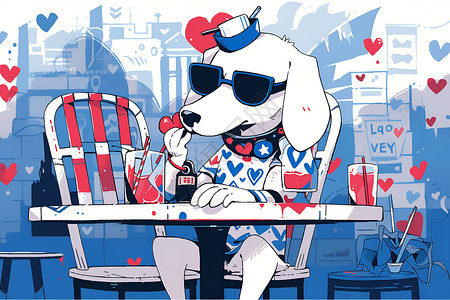白框墨镜白狗坐在椅子上插画