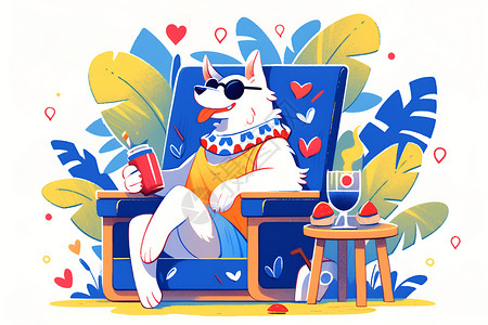 白框墨镜白狗坐在椅子上插画