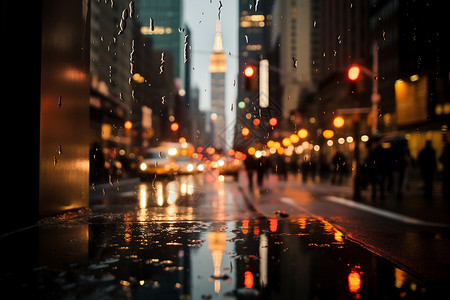 夜间城市夜晚细雨中的城市背景