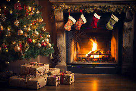 壁炉前的圣诞树礼物背景图片