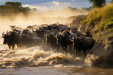 动物迁徙河流中奔跑的角马背景