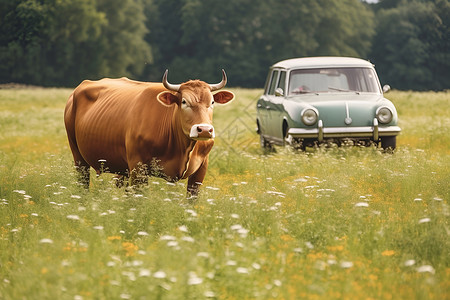 牧场上一头牛背景图片