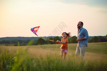 愉快的假期放风筝的男人和小女孩背景