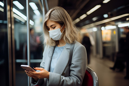 面戴口罩的女子在地铁上看手机背景图片