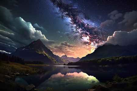 星空下的水域和山脉背景图片