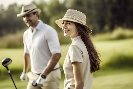 草坪上打高尔夫球的男人和女人高清图片