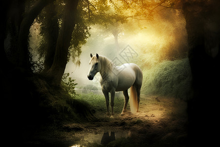 童话仙境的白马背景图片