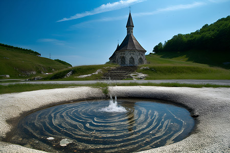 教堂前的喷泉背景图片