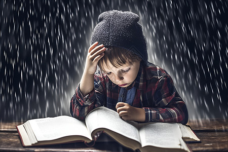 下雨出门孩子雪花里读书的小孩设计图片