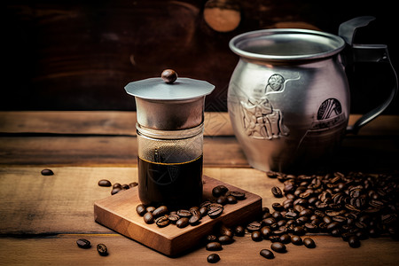 木桌上的咖啡和咖啡豆高清图片