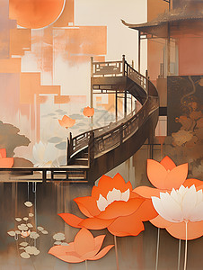 缤纷花园桥与莲花背景图片