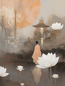白花池畔一个女子独立水边背景图片