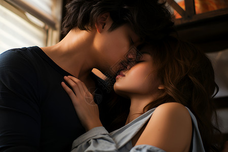 床上亲吻的情侣背景图片