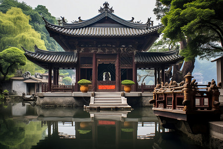 寺庙前的池塘背景图片