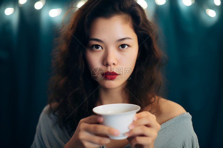 美丽女人拿着白色茶杯图片