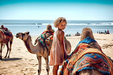 沙滩上小女孩与骆驼背景图片