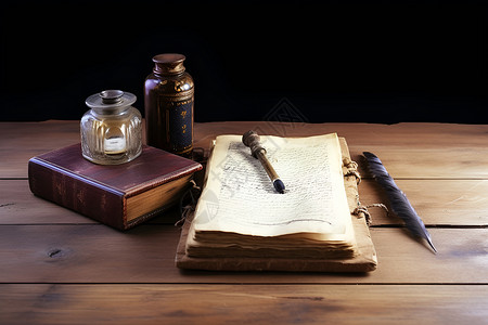 走字屏木桌上的古典墨水屏和笔记本背景