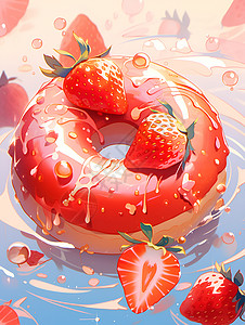 美味甜甜圈浪漫草莓甜甜圈插画