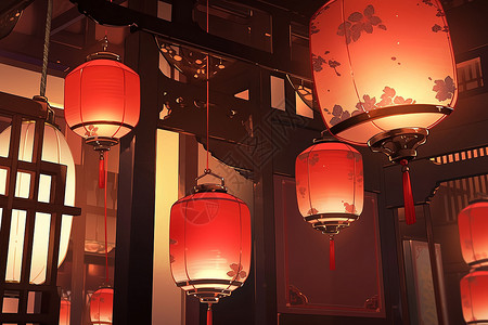 中式灯笼花纹古色古香的红灯笼插画