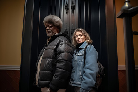 电梯前的情侣背景图片