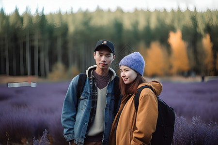 站在花海中的情侣背景图片