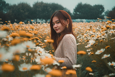 花田中的优雅女性背景图片