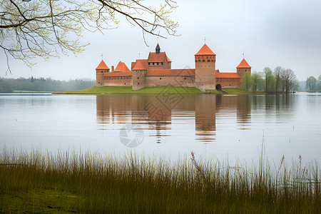 湖泊上的城堡背景图片