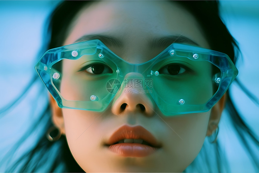 青年女性戴着未来感的眼镜图片