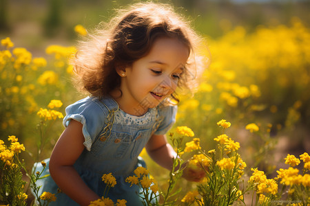 黄花丛中的小女孩背景图片
