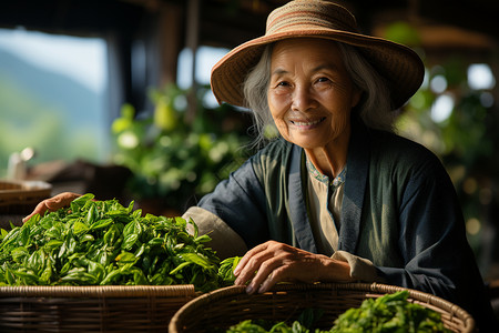 亚洲女性茶农的肖像背景图片