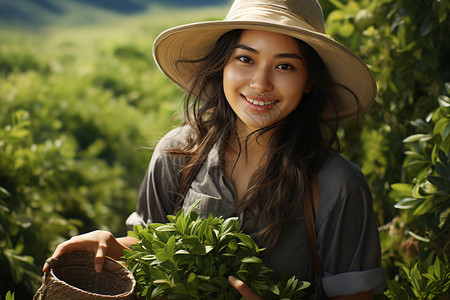 戴草帽的年轻茶农背景图片