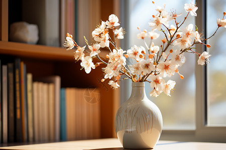 书桌上的白色花瓶背景图片