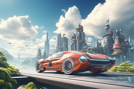 高科技城市背景悬浮汽车在未来城市中插画