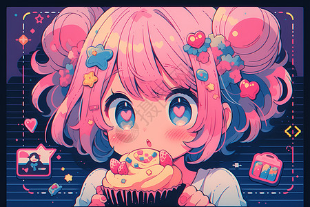 粉色杯子蛋糕萌萌的粉发少女插画