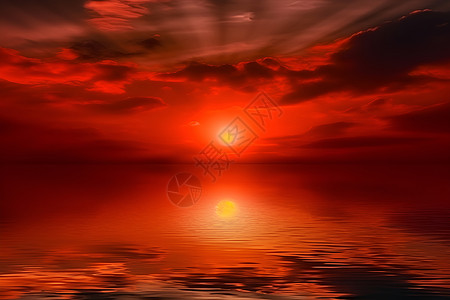 夕阳海景夕阳映照下的红色海景插画