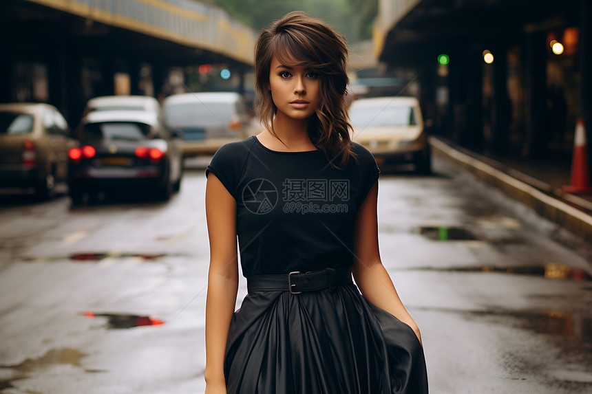 黑裙女子站在街头图片