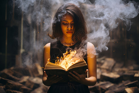 书本中的魔法手上的书本燃烧冒浓烟设计图片