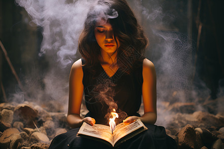 书本中的魔法女子手拿燃烧书本设计图片