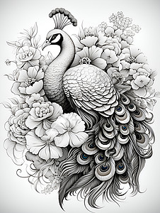 黑白的花鸟插画背景图片
