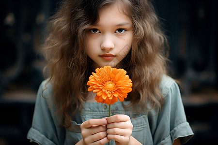 非洲少女少女手握橙色非洲菊背景