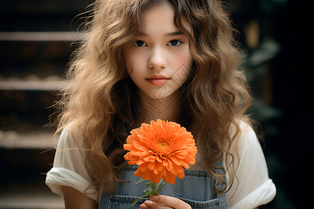 少女持有橙色非洲菊背景