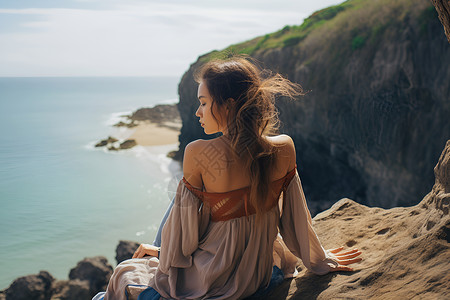 女子坐在悬崖边背景